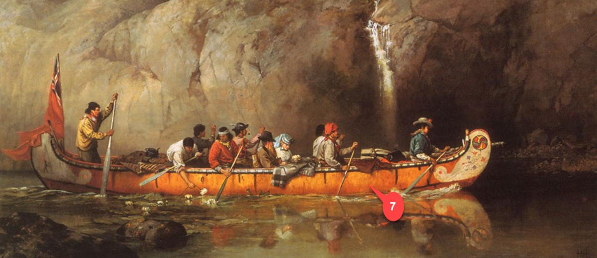 Canoe Manned by Voyageurs Passing a Waterfall (Ontario), 1869, by Frances Anne Hopkins  Courtesy vLibrary and Archives Canada under the reproduction reference number C-002771 and under the MIKAN ID number 2894967