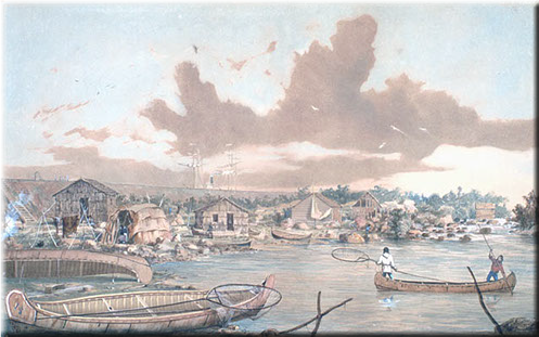 William Armstrong's painting is described as an Indian settlement at Sault Ste. Marie, Ontario with the canal in the background