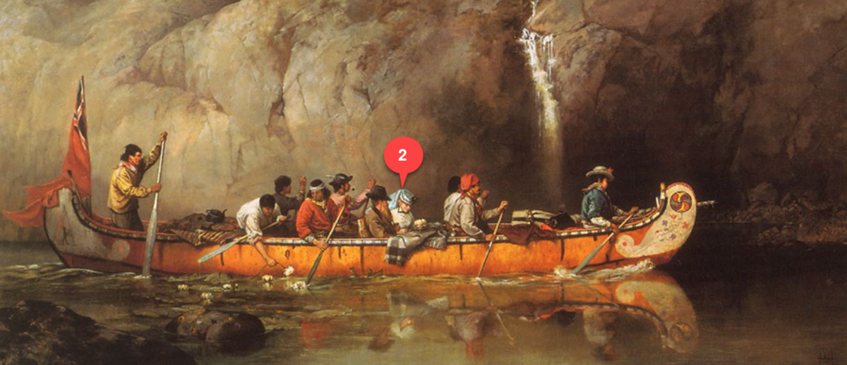 Canoe Manned by Voyageurs Passing a Waterfall (Ontario), 1869, by Frances Anne Hopkins  Courtesy vLibrary and Archives Canada under the reproduction reference number C-002771 and under the MIKAN ID number 2894967
