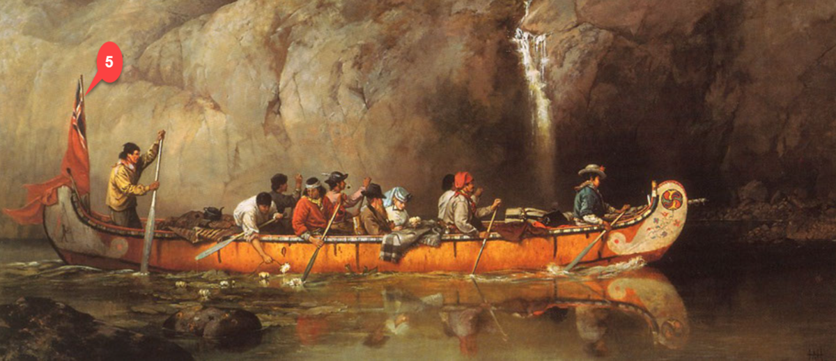 Canoe Manned by Voyageurs Passing a Waterfall (Ontario), 1869, by Frances Anne Hopkins  Courtesy vLibrary and Archives Canada under the reproduction reference number C-002771 and under the MIKAN ID number 2894967