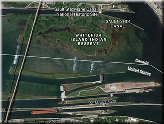 Satellite image of Sault Ste Marie rapids today. Imagery 2017 Google Map data 2017 Google
