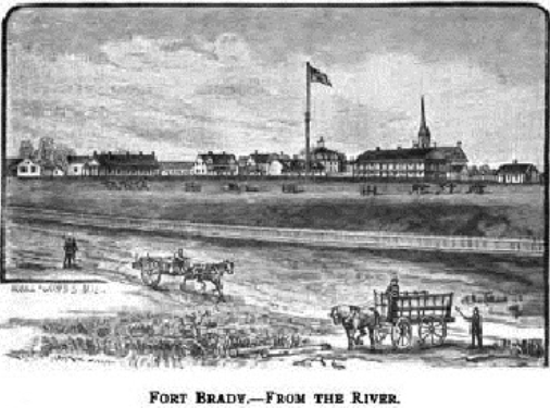 Fort Brady from the River, from Indian Names And History Of The Sault Ste Marie Canal, by Dwight H. Kelton, 1889. Artist unknown