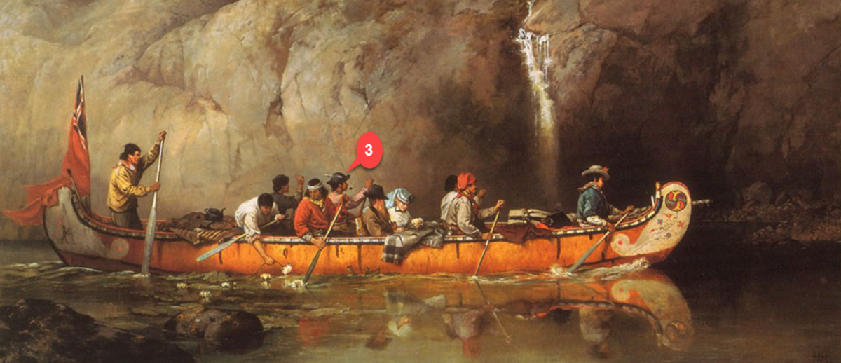 Canoe Manned by Voyageurs Passing a Waterfall (Ontario), 1869, by Frances Anne Hopkins  Courtesy vLibrary and Archives Canada under the reproduction reference number C-002771 and under the MIKAN ID number 2894967