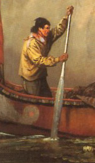 closeup of voyageur steering canoe